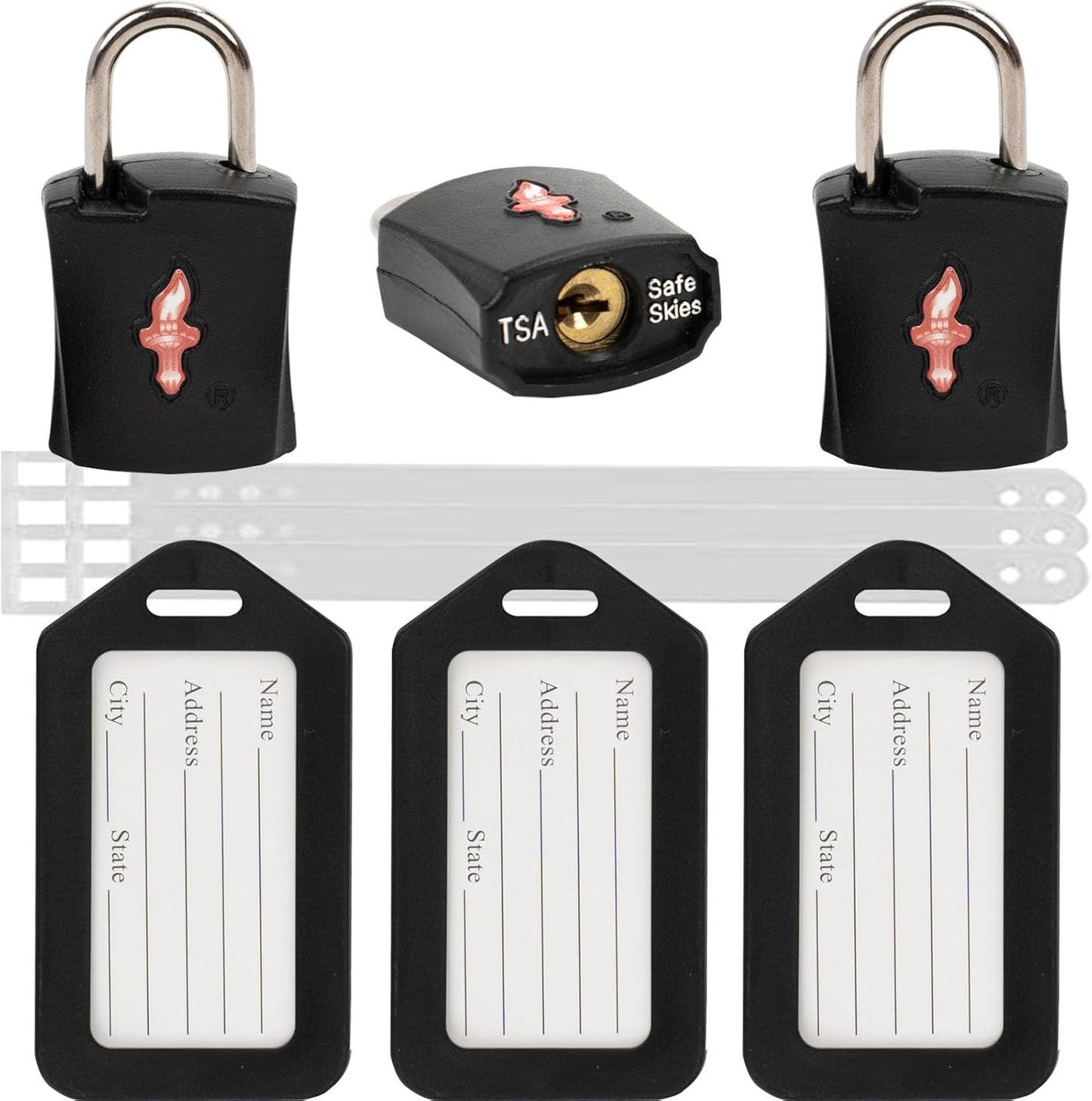 TSA Approved Luggage Locks 3 Pack with Luggage Tags | 6 Keys, Black Travel Lock Bundle - Solid Brass Core & Rubber Armor Padlocks for Suitcases, Backpacks (TSA Certified)