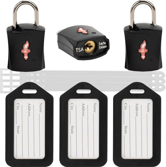 TSA Approved Luggage Locks 3 Pack with Luggage Tags | 6 Keys, Black Travel Lock Bundle - Solid Brass Core & Rubber Armor Padlocks for Suitcases, Backpacks (TSA Certified)