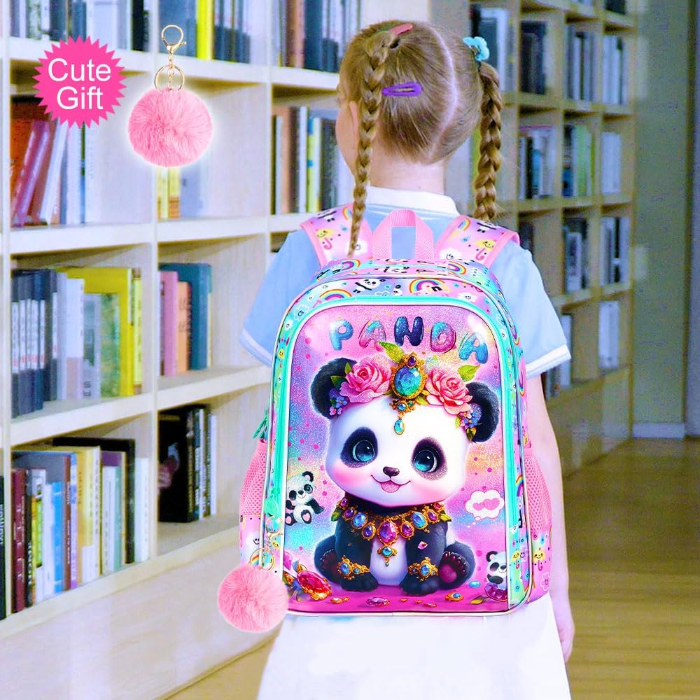 3Pcs Panda Backpack for Girls, 16" Kids School Backpacks with Lunch Box, Bookbag for Elementary