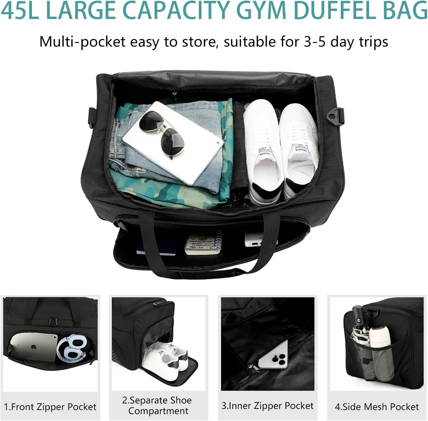 Urbanstand Gym Bag for Men - 22 Inch Large Sports Duffel Bags with Shoe Compartment, Weekender Carry On Duffle Bag for Sport, Camping, Fitness & Workout, Black
