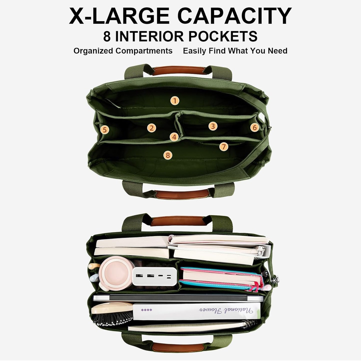KKXIU Canvas Tote Bag for Women with Zipper and Compartments Crossbody Large Bible Messenger Purse Bag With Pockets