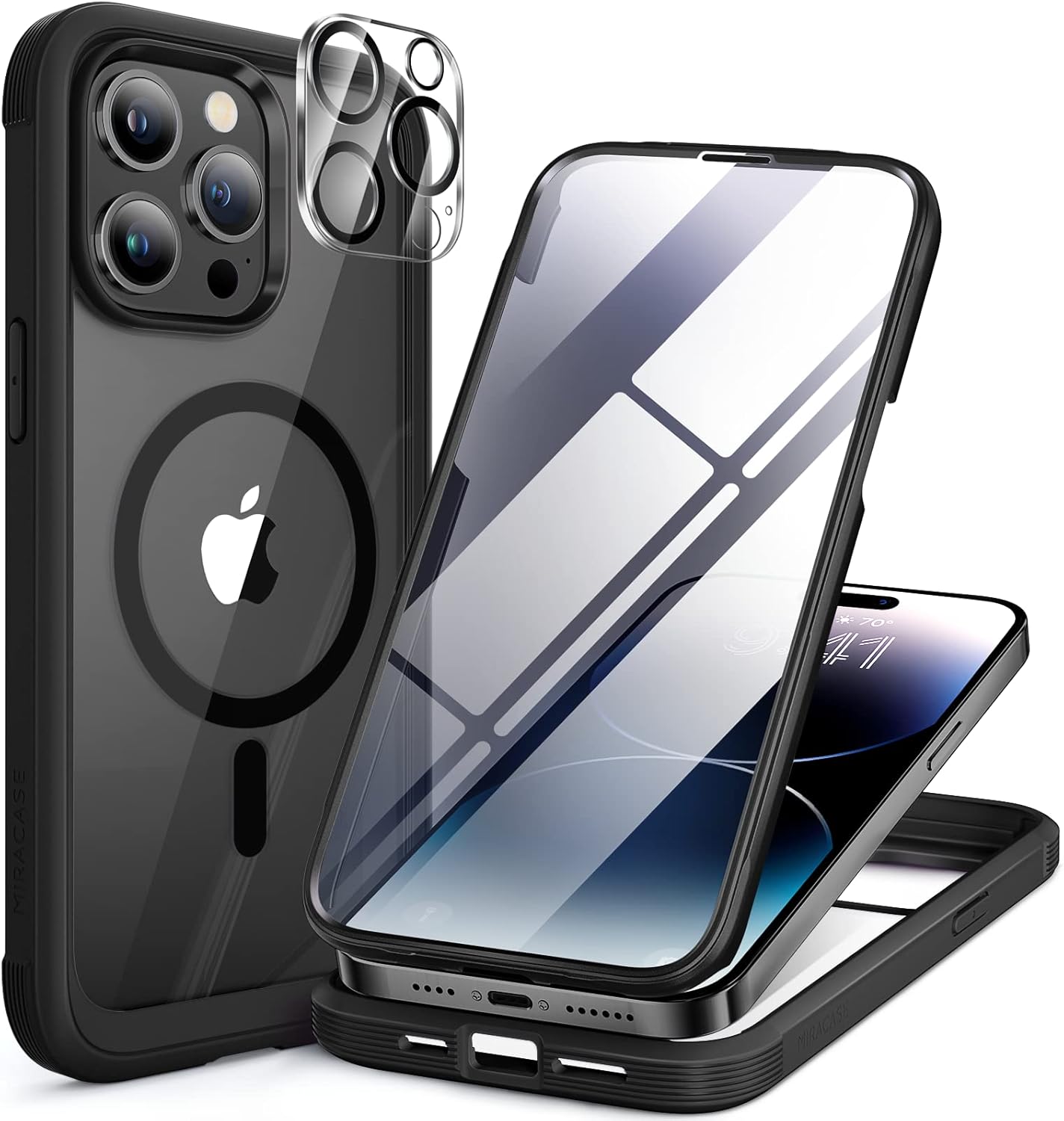 Miracase Magnetic for iPhone 14 Pro Case 6.1 inch, (Compatible with MagSafe) Upgrade Full-Body Clear Phone Bumper Case with Built-in 9H Tempered Glass Screen Protector, Black