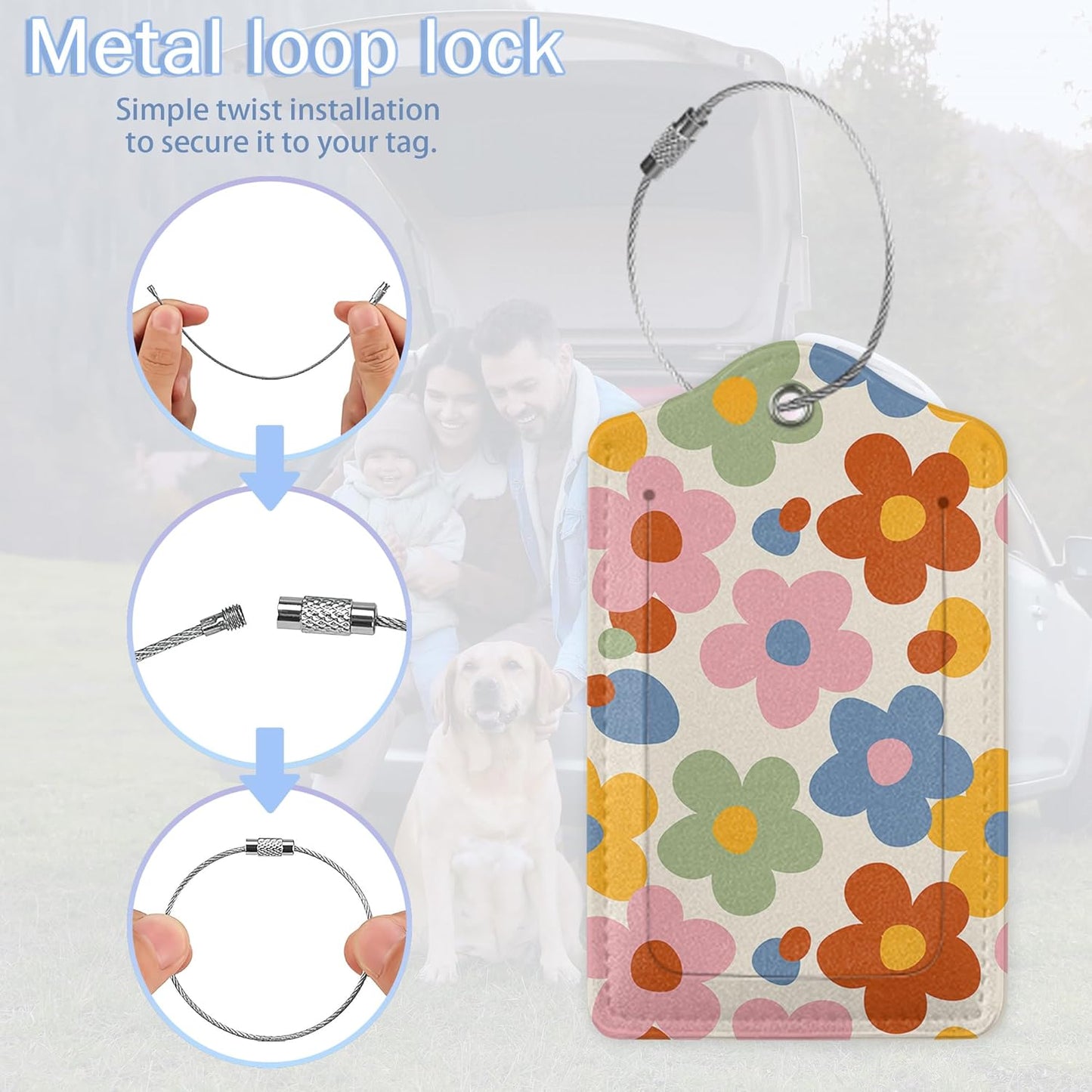 2 Pack Luggage Tags,Leather Suitcase Tags with Privacy Cover Name Address Labels& Durable Steel Loop for Men/Women Travel Bag Suitcases(Vintage Groovy Flowers)