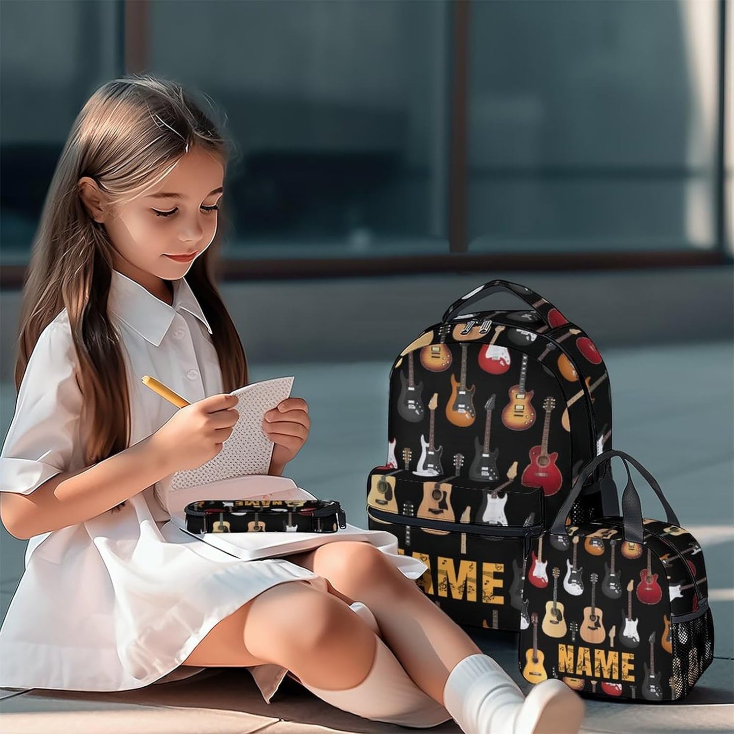 Mercuryelf Personalized Guitar Kids Backpack with Lunch Box Set, 3 in 1 School Backpacks Matching Combo, Popular Black Bookbag and Pencil Case Bundle