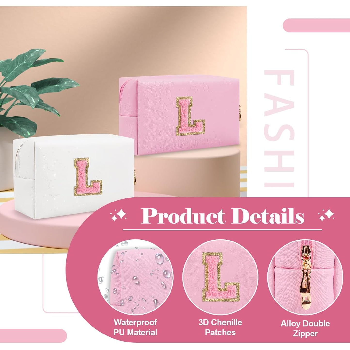 Personalized Initial A-Z Preppy Patch Makeup Bag,Small PU Leather Chenille Letter Cosmetic Bag with Zipper for Teen Girls,Pink Cute Travel Toiletry Bag,Birthday Monogrammed Gift for Daughter,Letter L