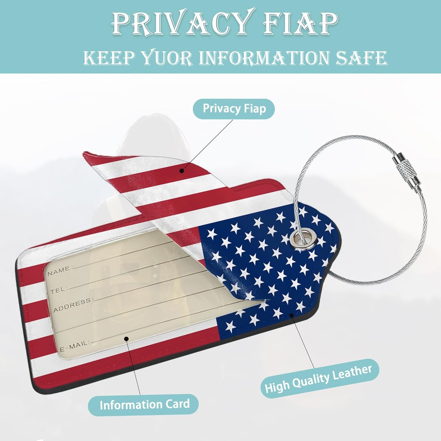 American Flag Luggage Tag, Luggage Tags of Set 2 Leather Identifiers Privacy Cover with Stainless Steel Loop for Women Men Travel Bag Suitcase