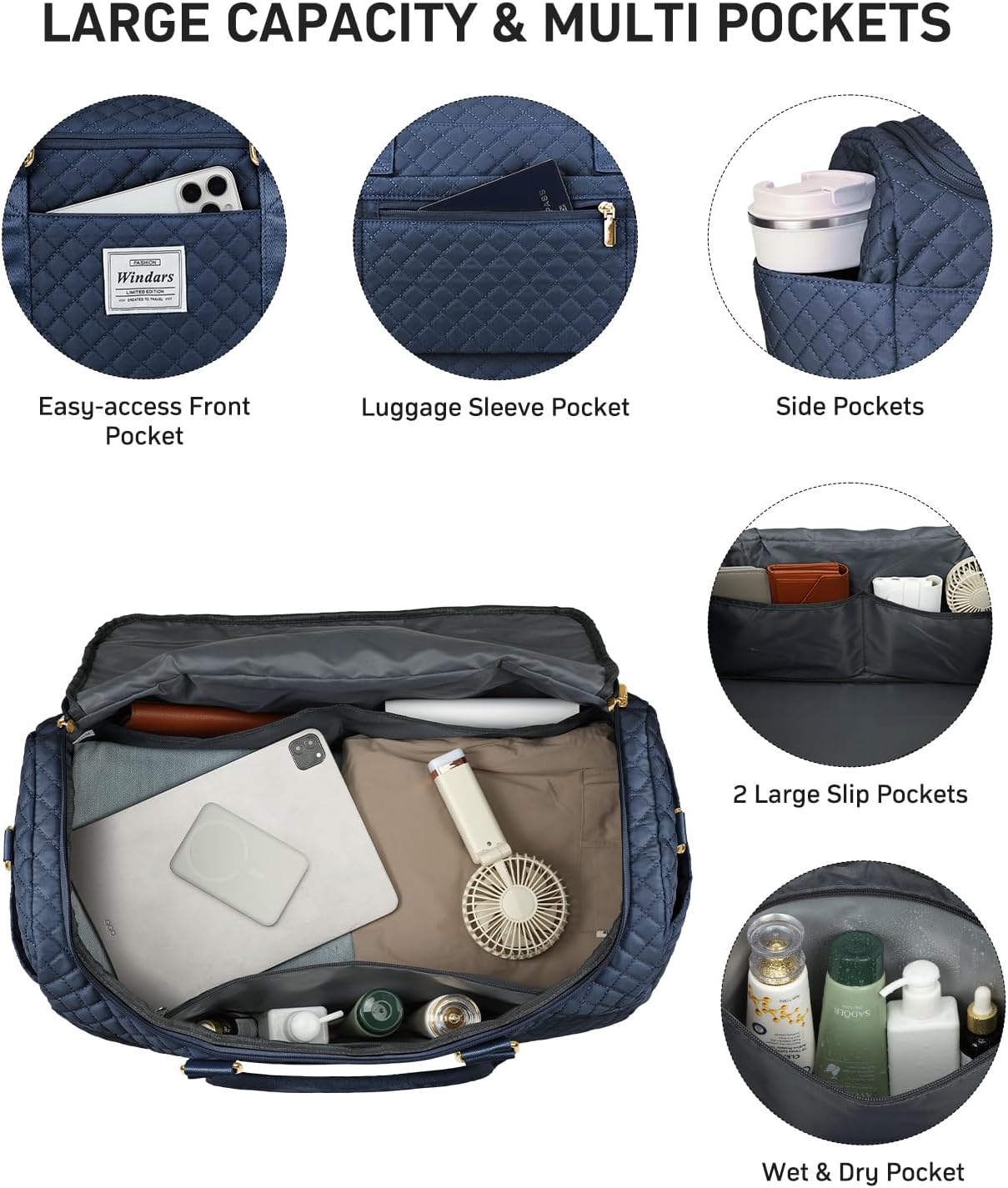 Travel Duffle Bag, Weekender Bags for Women with Shoe Compartment, Overnight Bag with Toiletry Bag, Carry On Duffel Bags For Airplanes, Yoga Gym Duffel Bag, Navy