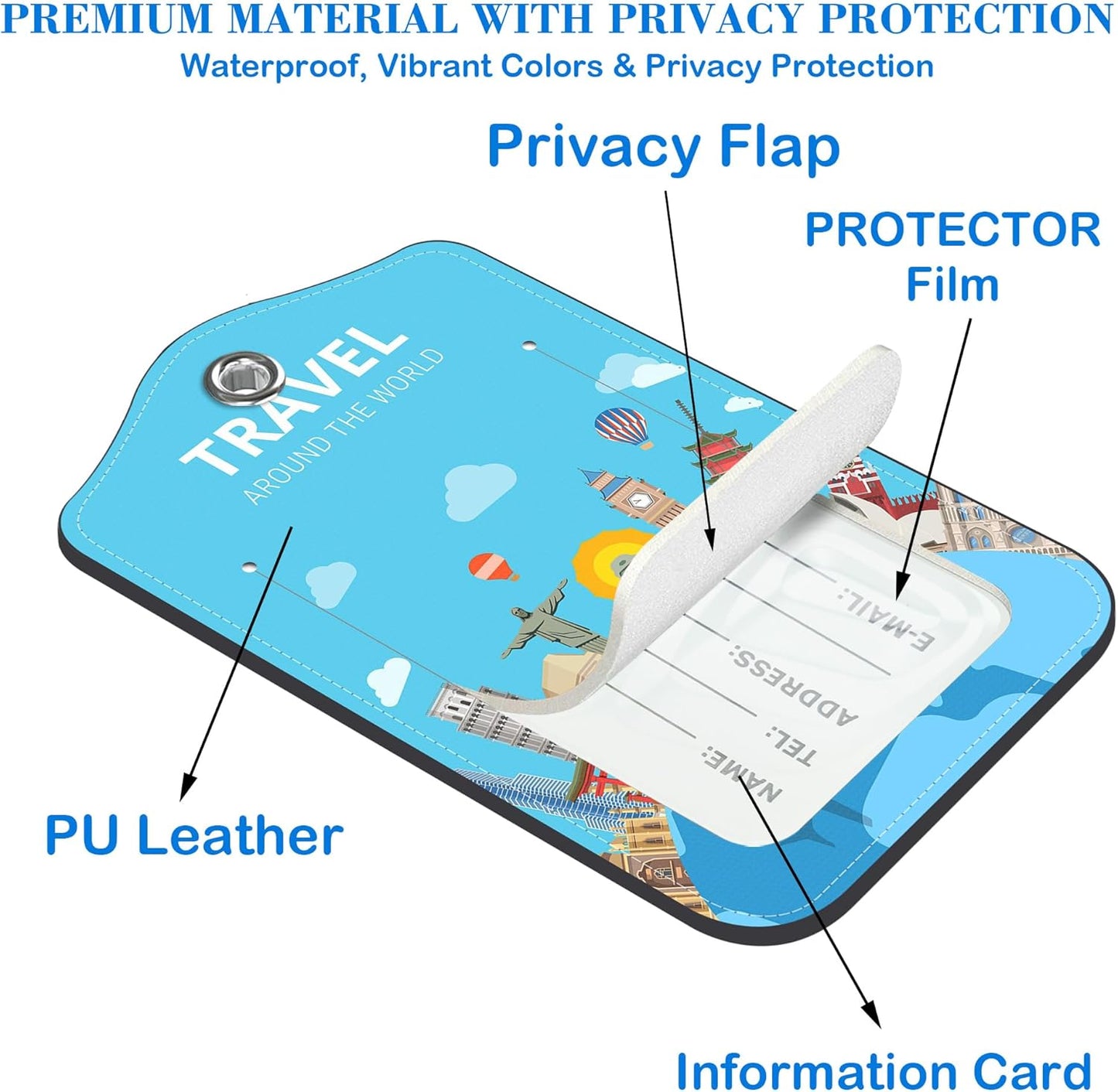 2 Pcs Luggage Tags for Suitcases, Travel Around The World Leather Bag Tags for Luggage Privacy Cover Name ID Label with Stainless Steel Loop Cruise Airport Travel Essentials