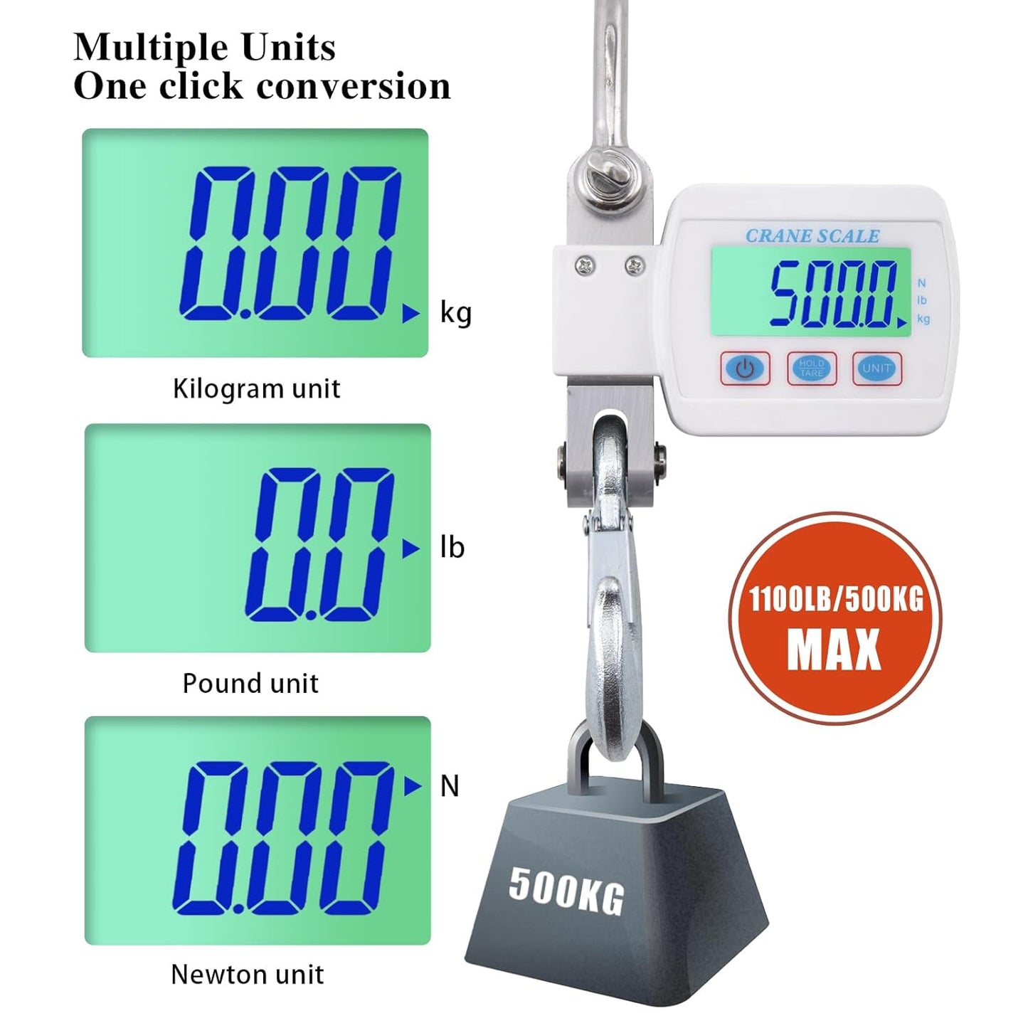 Goture Digital Hanging Scale,500kg/1100lbs Crane Scales,Fishing Scale with LED Display, Heavy Duty Hanging Weight Scale for Fishing,Luggage,Big Game,Farm,Hunting,Industries,Warehouse