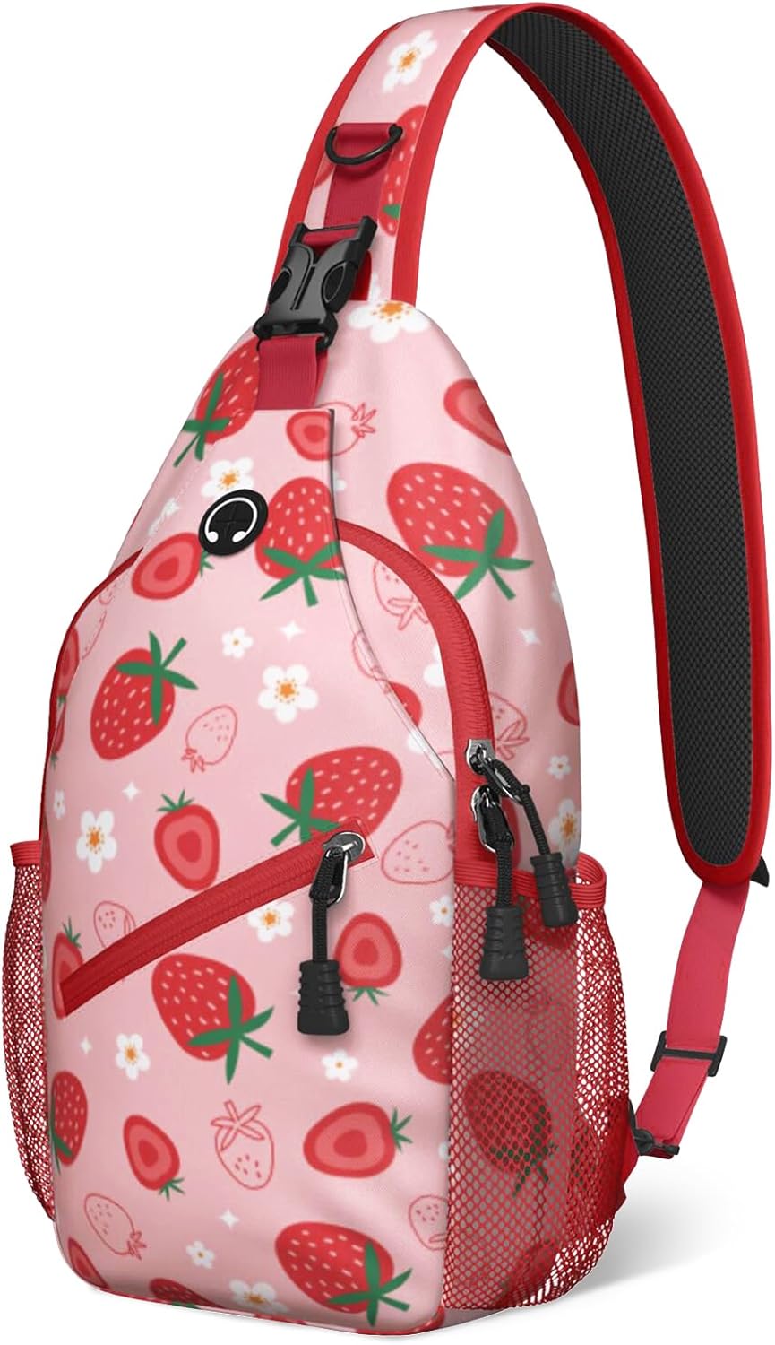 Red Strawberry Sling Bag Crossbody Chest Bag for Women Men, Water Resistant Lightweight Casual Crossbody Bag with Adjustable Strap, Travel Hiking Daypack Shoulder Backpack