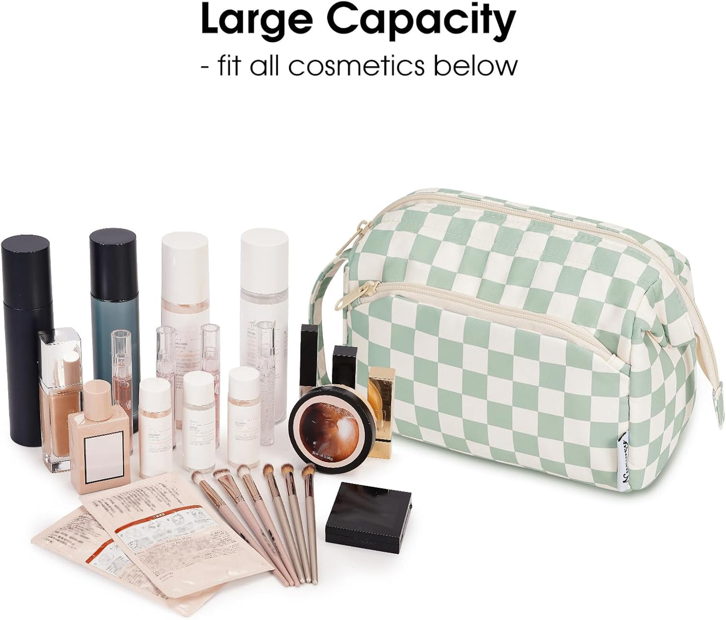 Narwey Checkered Makeup Bag Women Wide-open Make up Bag Travel Cosmetic Bag Organizer Toiletry Bag for Cosmetics Toiletries Accessories (Mint Green Checkerboard)