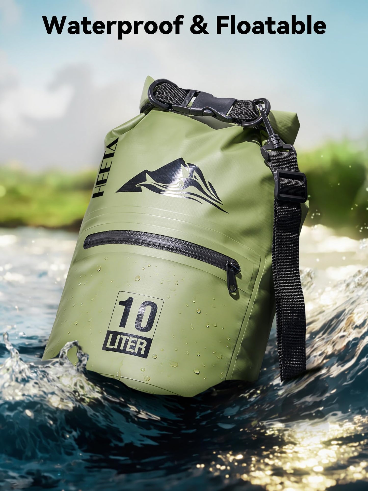 HEETA Waterproof Dry Bag with Front Zippered Pocket for Women Men, Roll Top Lightweight Dry Storage