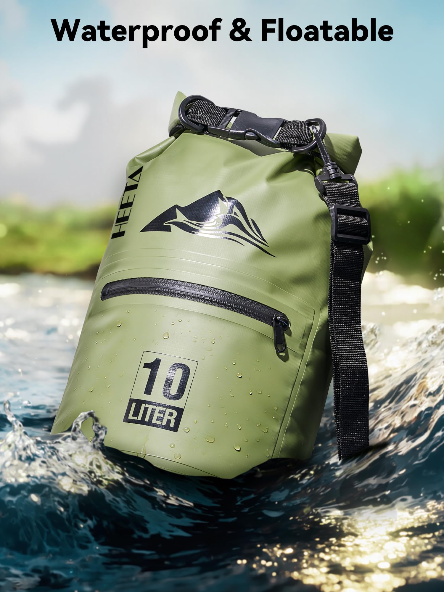 HEETA Waterproof Dry Bag with Front Zippered Pocket for Women Men, Roll Top Lightweight Dry Storage