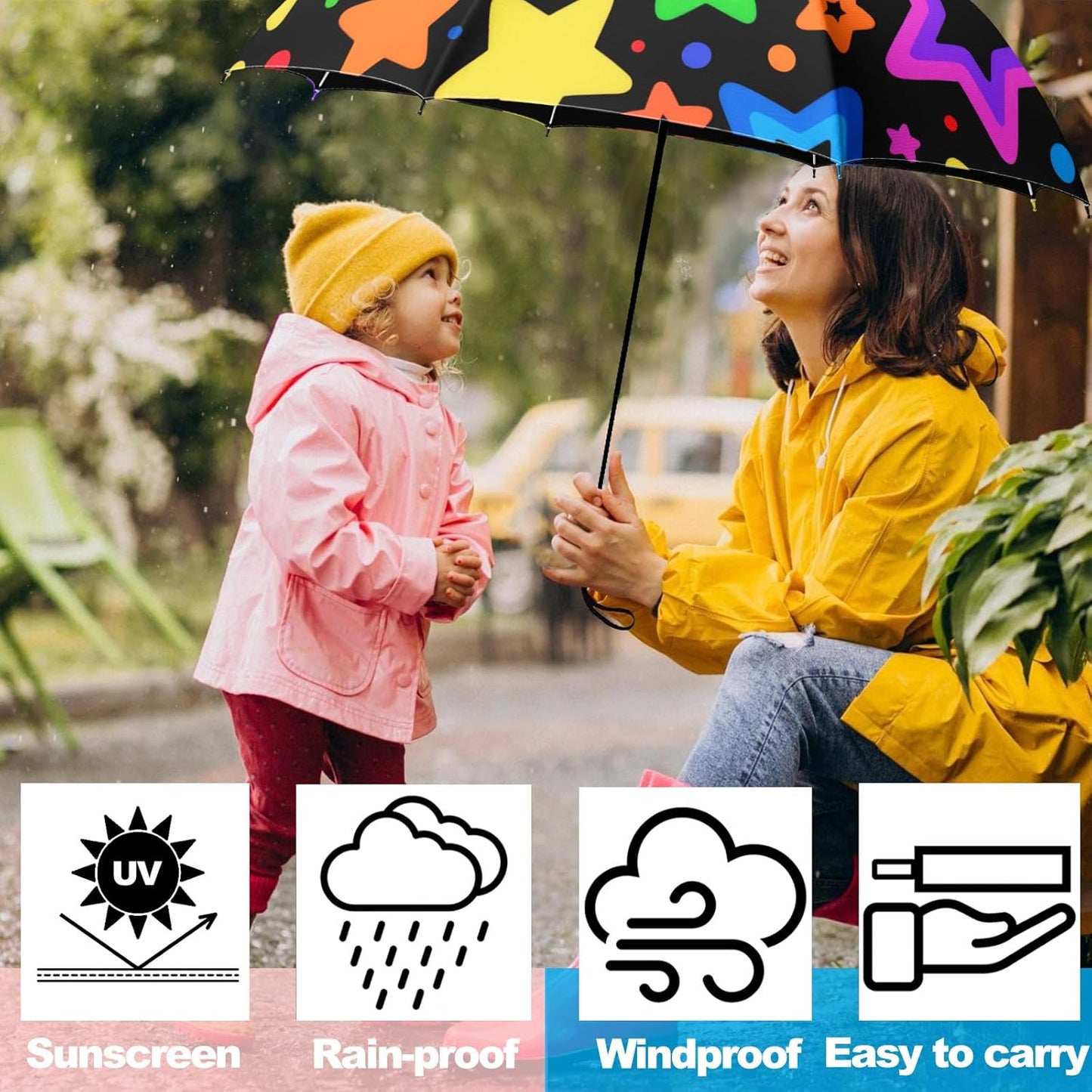 Small Travel Folding Umbrella for Girl, Portable, UV, SunShade, Compact, Automatic, Rain & Wind