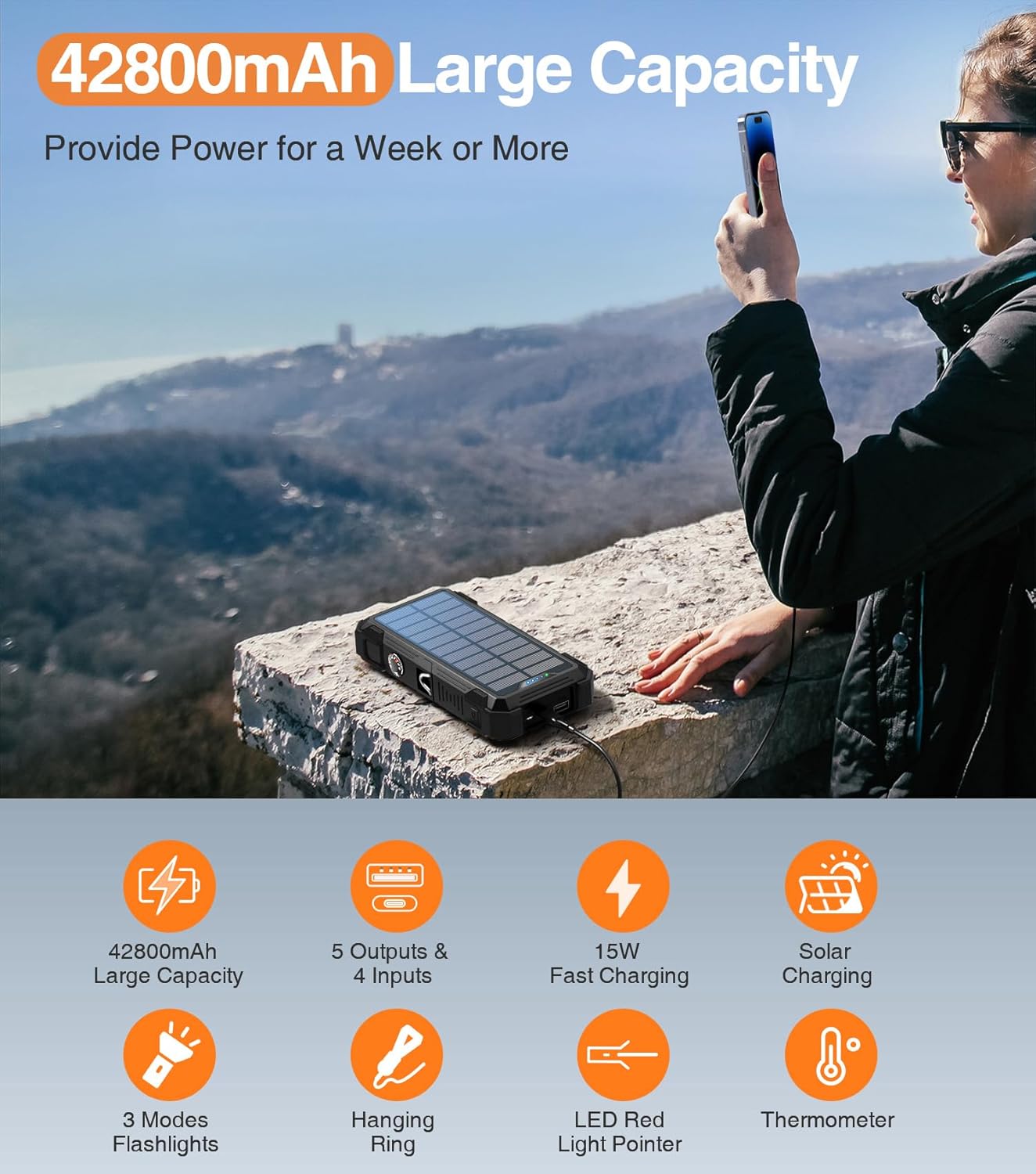 Solar Charger Power Bank, 42800mAh Wireless Portable Charger with USB-C in/Output, QC3.0 Fast Charging 15W 4 Ports Outdoor Battery Pack Built-in LED Flashlight, for iPhone, Galaxy, iPad etc