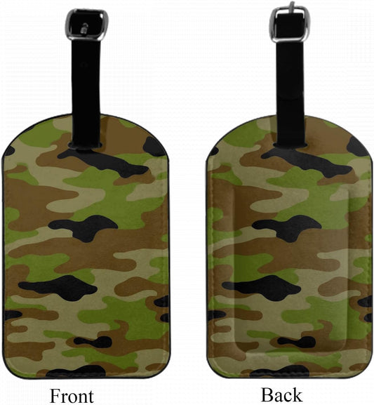 Camouflage Pattern Leather Luggage ID Tag Hunting Green Brown Graphic Baggage Tags with Full Privacy Cover for Travel Bag Suitcase Set, 1 Pack