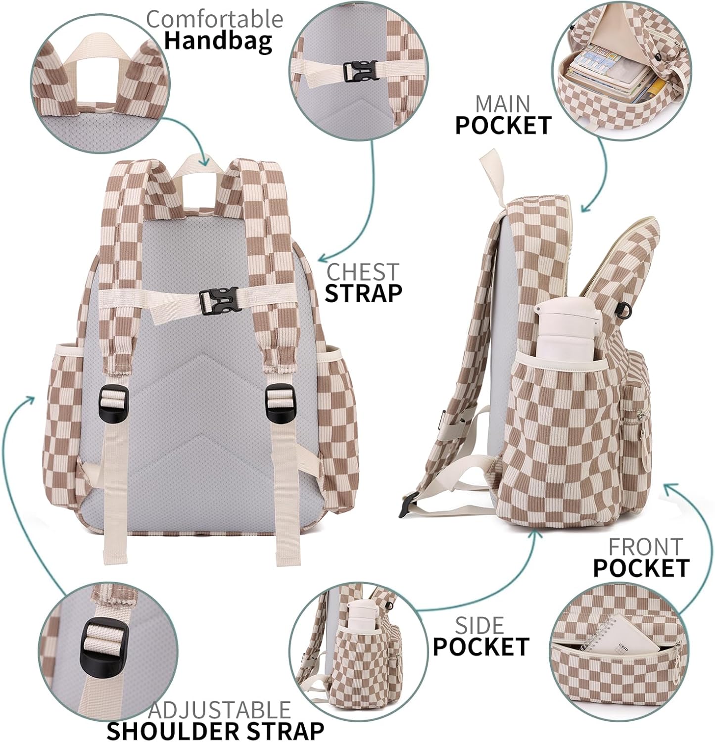Corduroy Kids Backpack for Boys Girls Backpacks for Primary Elementary Kindergarten (Checkered Brown, Small (13.7" H Fit A4 Folder))