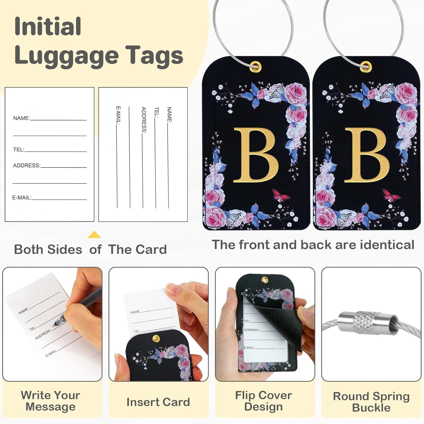 3 Pack Luxury Floral Luggage Tags, Durable PU Leather Suitcase Tags with Stainless Steel Cable Strap, Hidden ID Slot for Privacy Protection, Easy to Identify Waterproof Travel Accessories Gift (B)