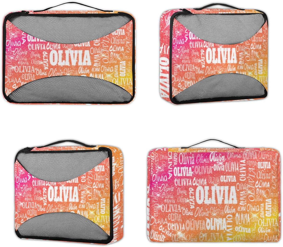 4pc Personalized Name Packing Cubes for Travel - Luggage Packing Organizers - Travel Packing Cubes for Suitcases, Shiny Glitter Starry Red Orange