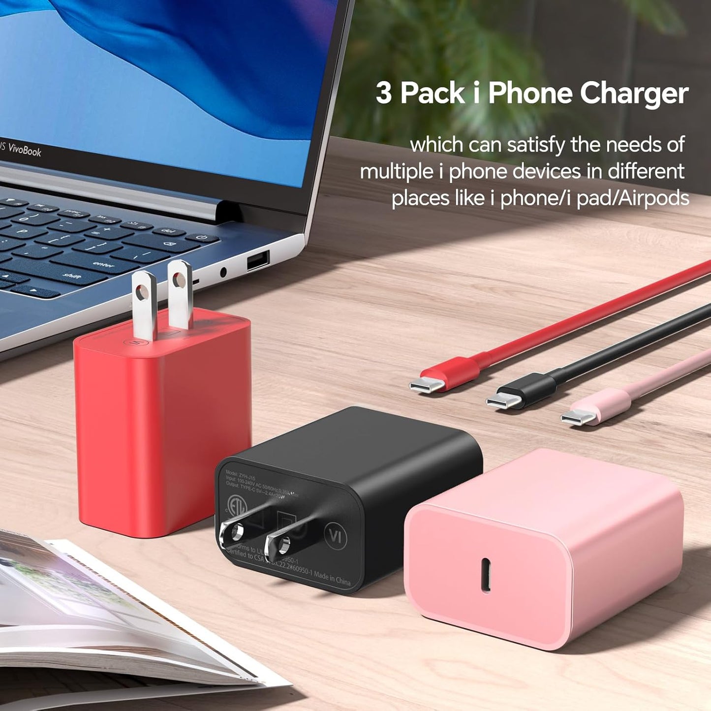 Compatible with iPhone16/15 Charger Fast Charging, 3 Pack 20W USB C Colorful Charger Block with 10 FT USB-C to C Cable for Phone16 15 Pro/Plus/Pro Max,Pad Pro 12.9/11 inch,Pad Air 5th-Pink/Red/Black