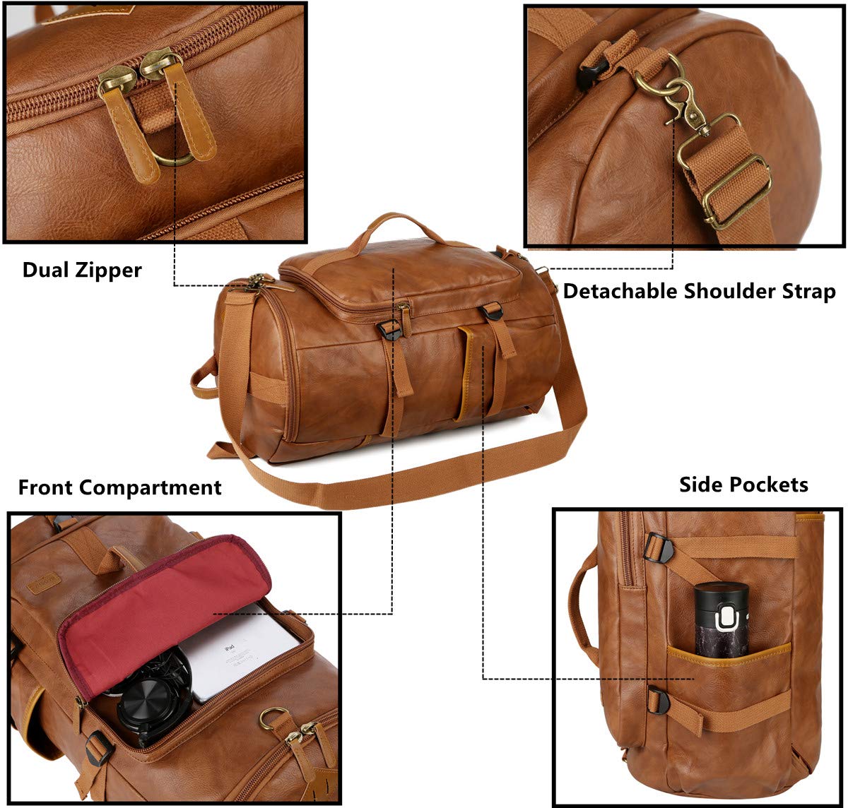Baosha Stylish Vegan Leather Men Weekender Travel Duffel Tote Bag Backpack Travel Hiking Rucksack