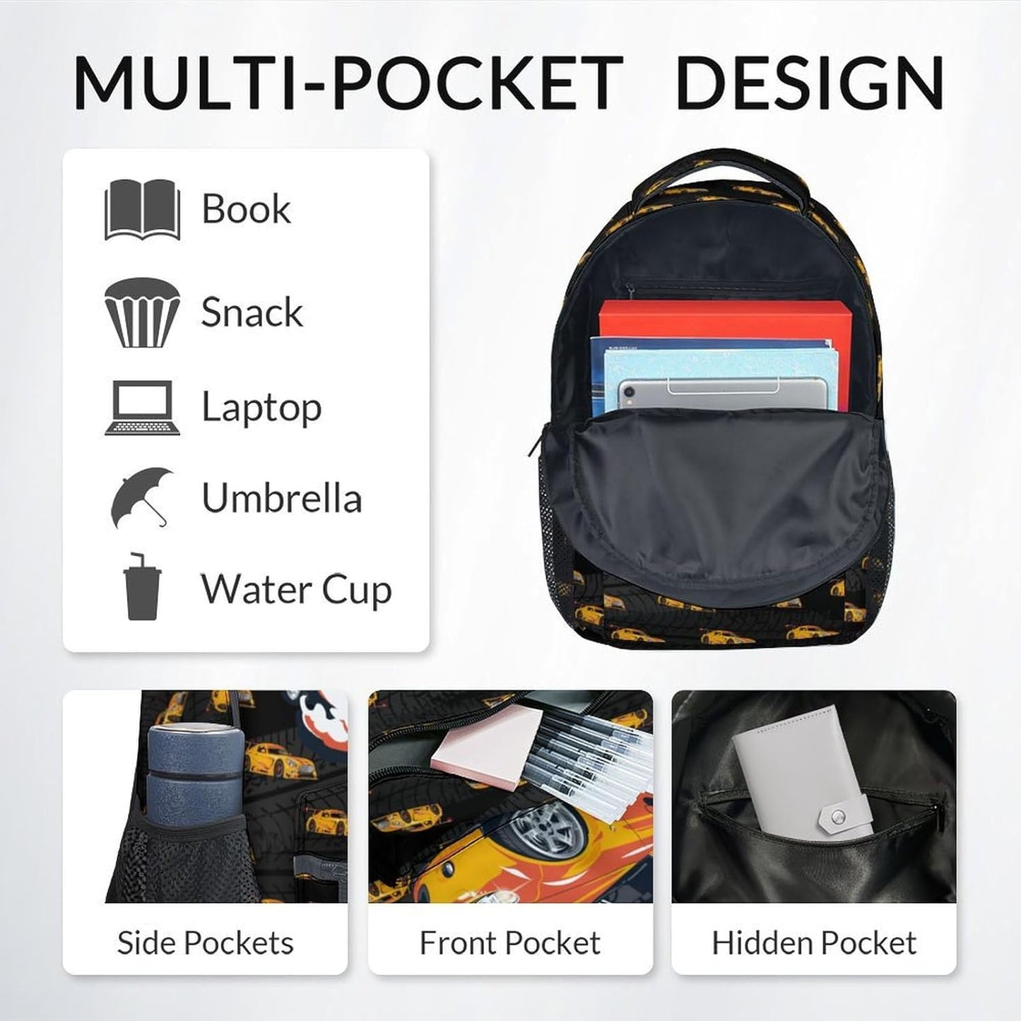 School Backpack for Boys - Personalized 3 in 1 Cool Racing Car Bookbag for Teens Kids - 17 Inch Custom Backpacks with Lunch Bag and Pencil