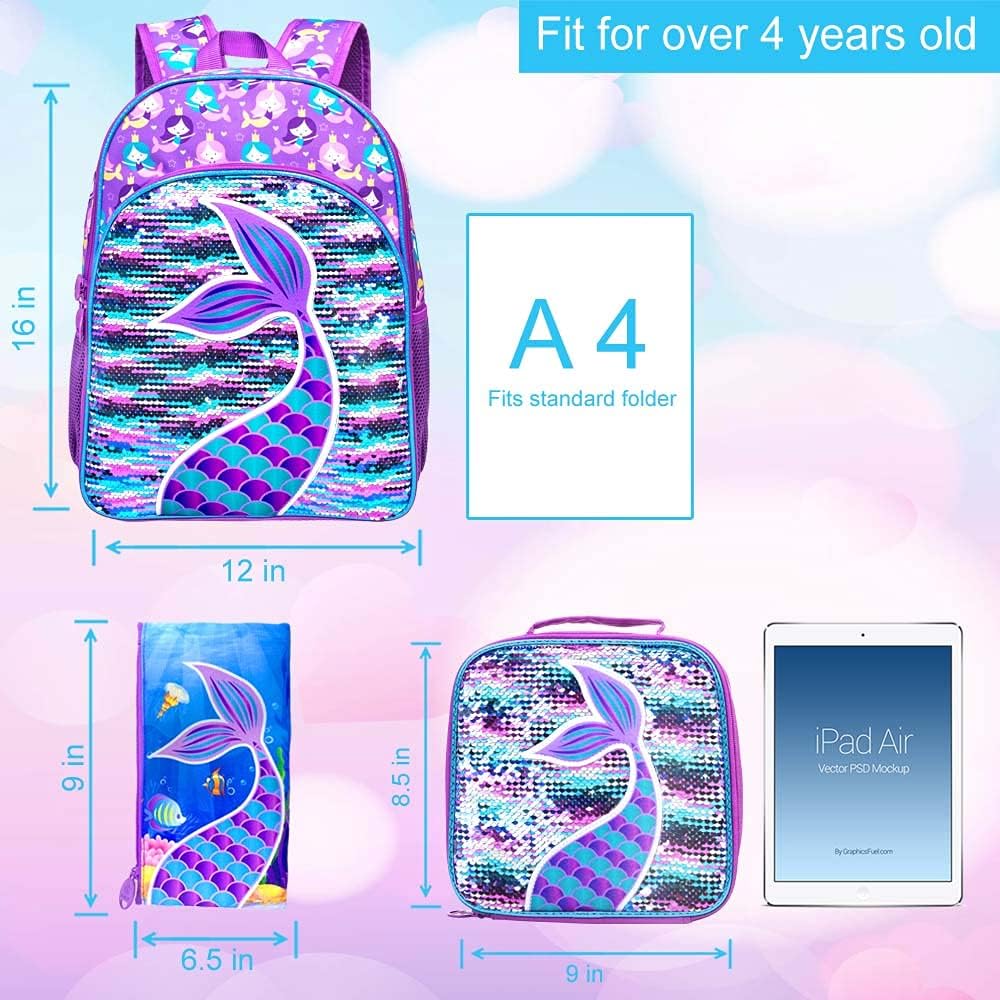 3PCS Girls Backpack, 16" Sequin Prechool Elementary Bookbag and Lunch Box