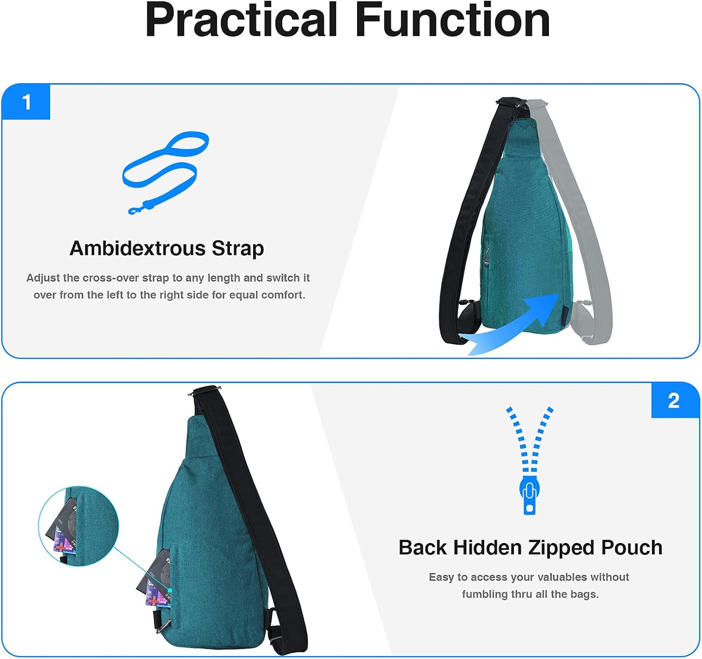 WATERFLY Tiny Crossbody Sling Backpack Anti Theft Backpack for Traveling Chest Shoulder Bag (Teal Blue)