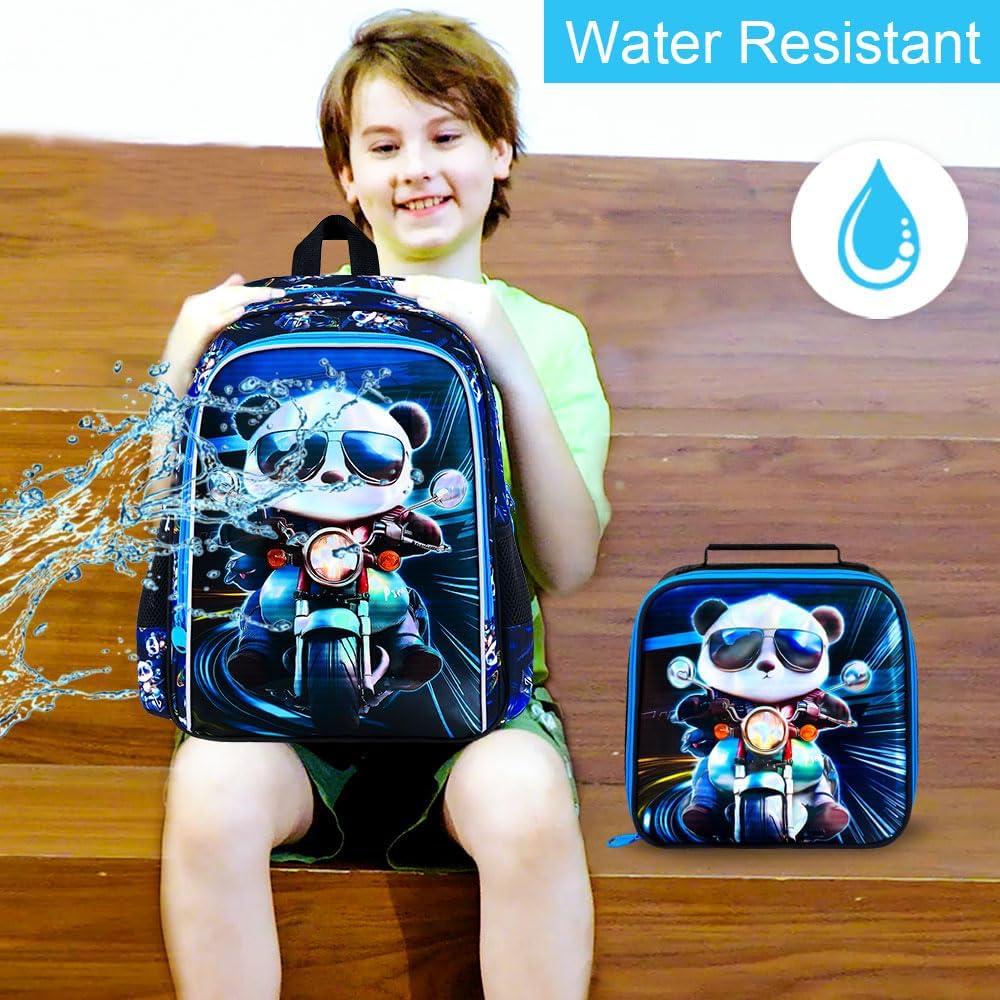 CCJPX 3PCS Backpack for Boys, 16 Inch Kids Panda Water Resistant Preschool Backpacks, Cool Kindergarten School Bookbag Set for Teen Travel