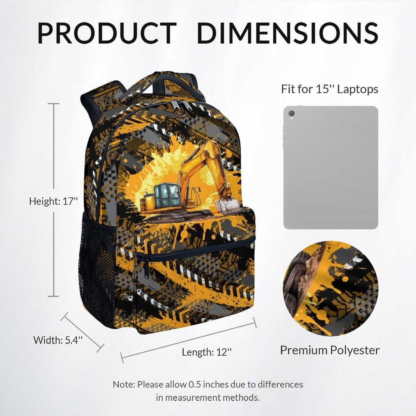 Mercuryelf School Backpack for Boys - Cool Excavator Backpacks for Kids - 17 Inch Bookbag for School, Travel