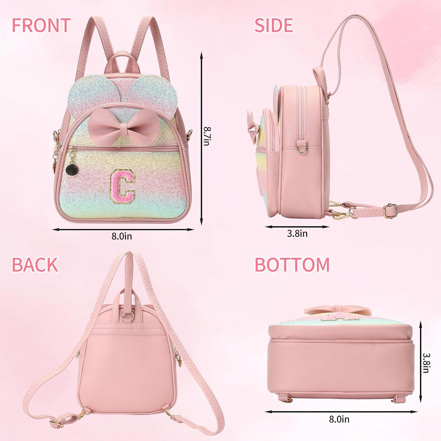 Christmas Birthday Gift for 2 3 4 5 6 7 8 9 10 Year old Girls Personalized Initial Mini Backpack Purse for Toddler Kids-Shine-C