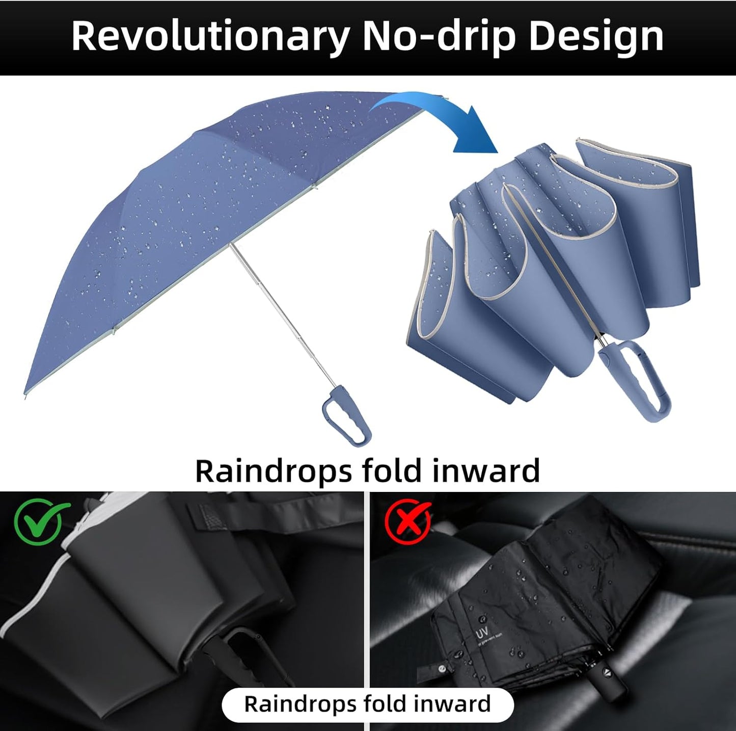 50in Inverted Folding Travel Umbrella – Windproof 10Ribs Upside Down Umbrella with Carabiner Handle, Rain Sun Protection for Women Men (Black)