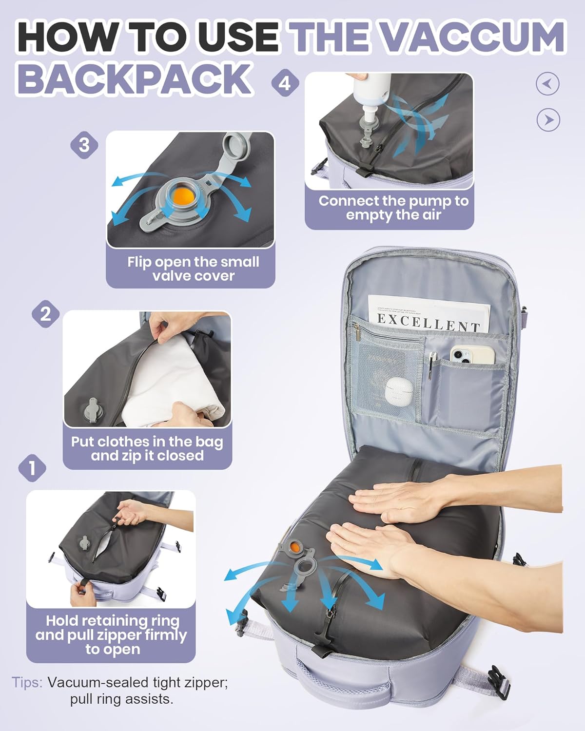 Vacuum Seal Travel Backpack with Air Pump,Compression Vacpack Waterproof Carry On Backpack for Travel Women Men with Vacuum System,Airlines Approved Daypack Laptop Space Saver Bags,Lilac