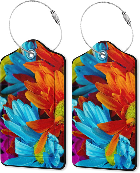 2 Pack Leather Luggage Tag for Suitcase Colorful Daisy Flowers Unique Travel Tags with Privacy Cover ID Label & Stainless Steel Loop for Men and Women Baggage