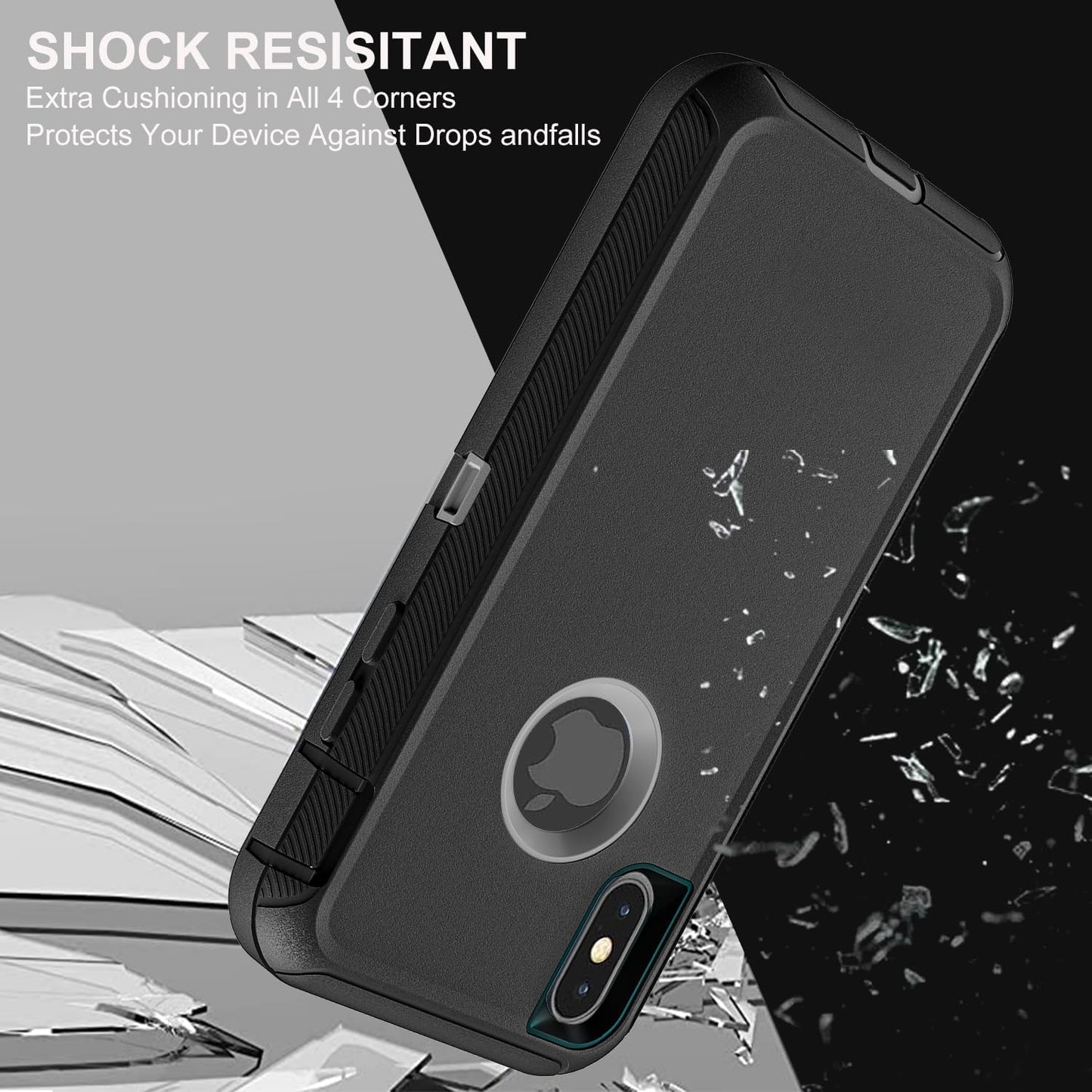 for iPhone Xs Max Case, Military Grade 3 in 1 Heavy Duty Shockproof/Drop Proof/Dust Proof Case with 2Pcs Tempered Glass Screen Protector (Black/Grey)