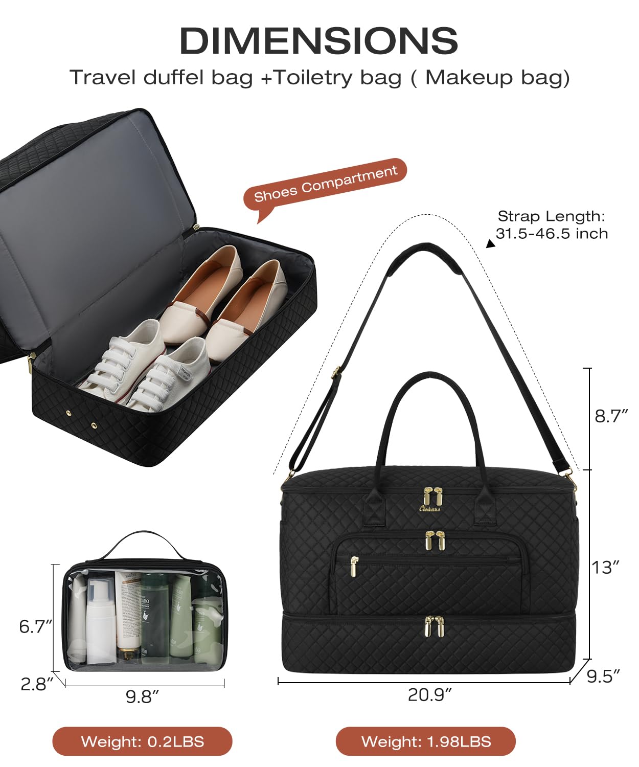 CLOKARS Travel Duffle Bag, Wide Open Large Weekender Bag for Women with Shoe Compartment, Carry on