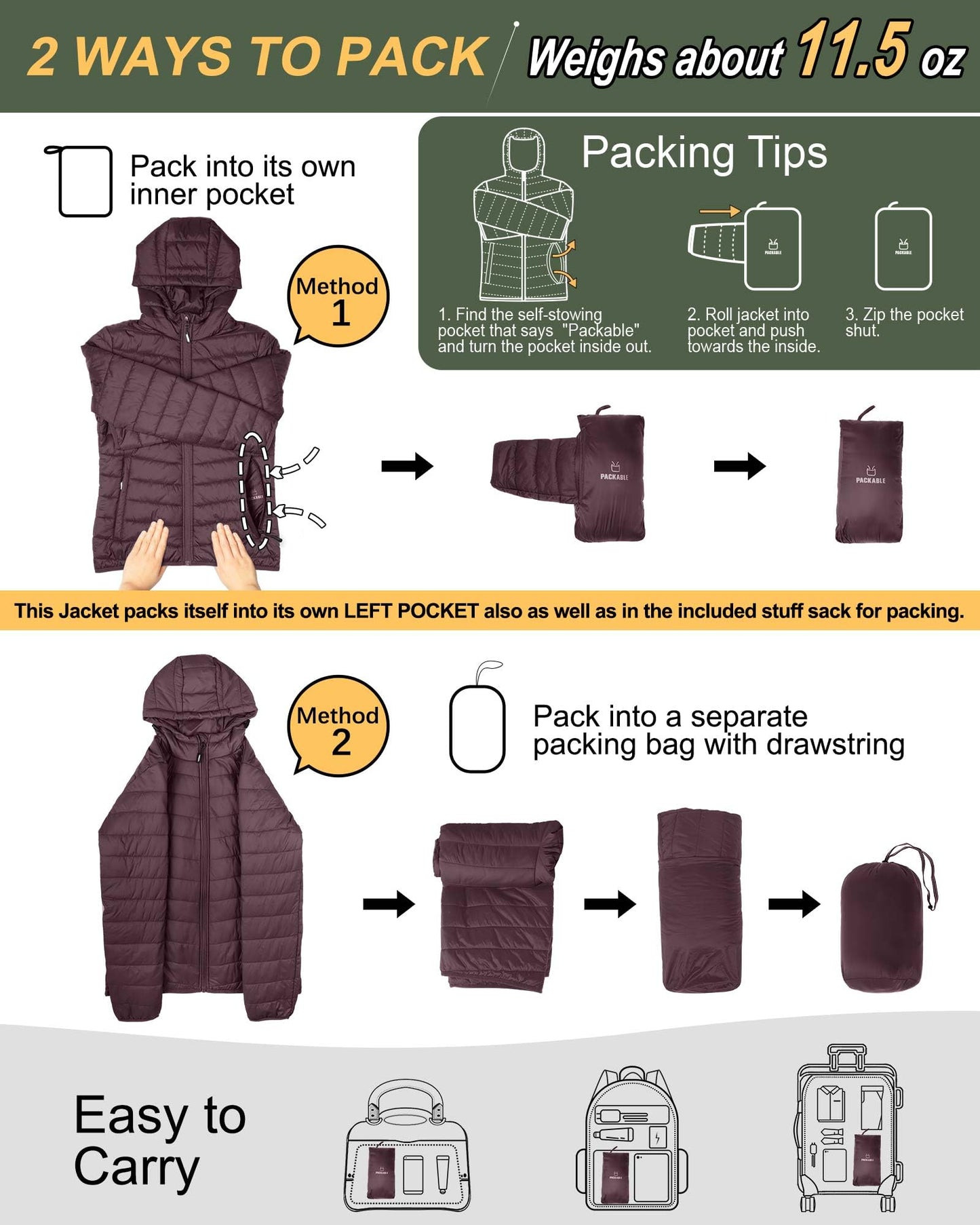 Outdoor Ventures Women's Packable Lightweight Full-Zip Puffer Jacket with Hood Quilted Winter Coat