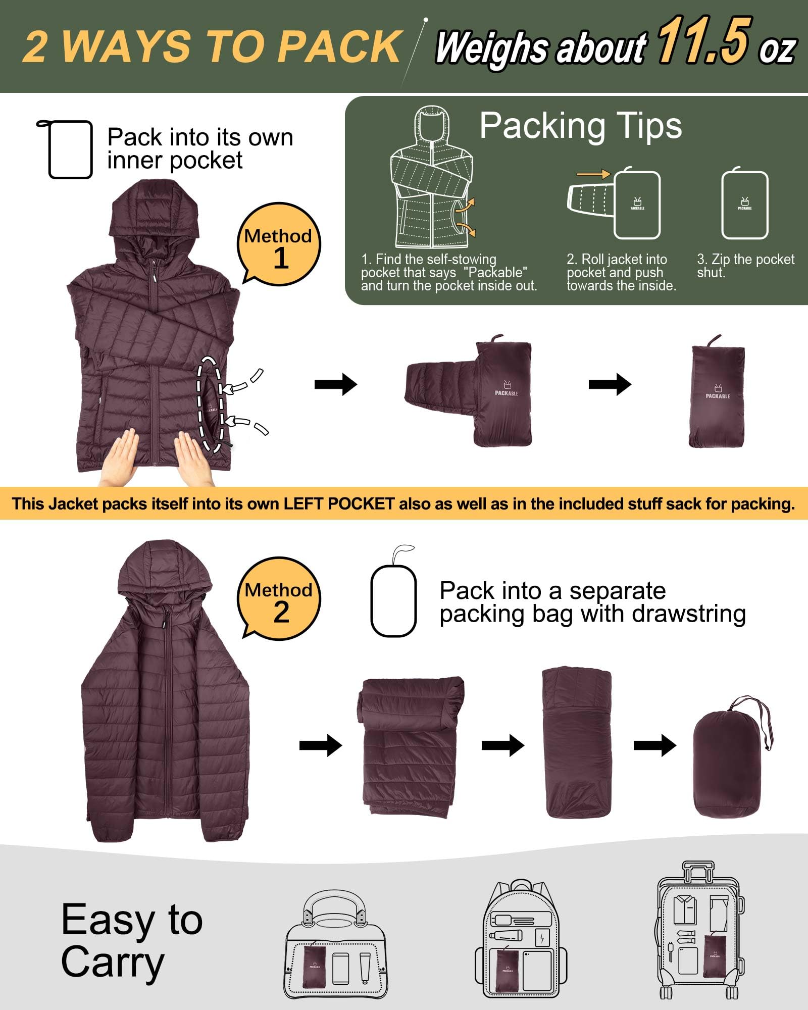 Outdoor Ventures Women's Packable Lightweight Full-Zip Puffer Jacket with Hood Quilted Winter Coat