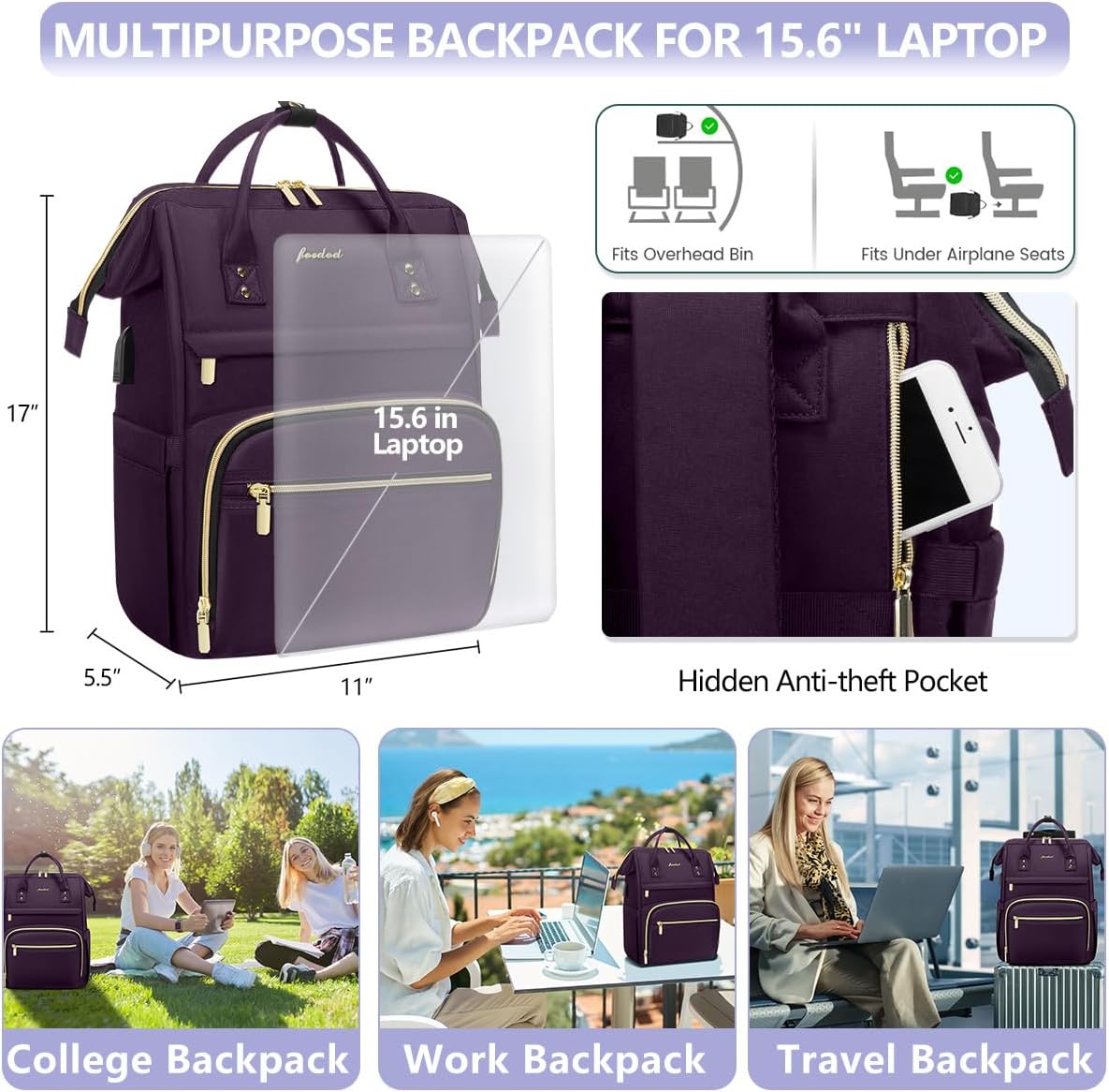 Laptop Backpack for Women Work Bags - 15.6 Inch Professional Womens Travel Backpack Purse Computer