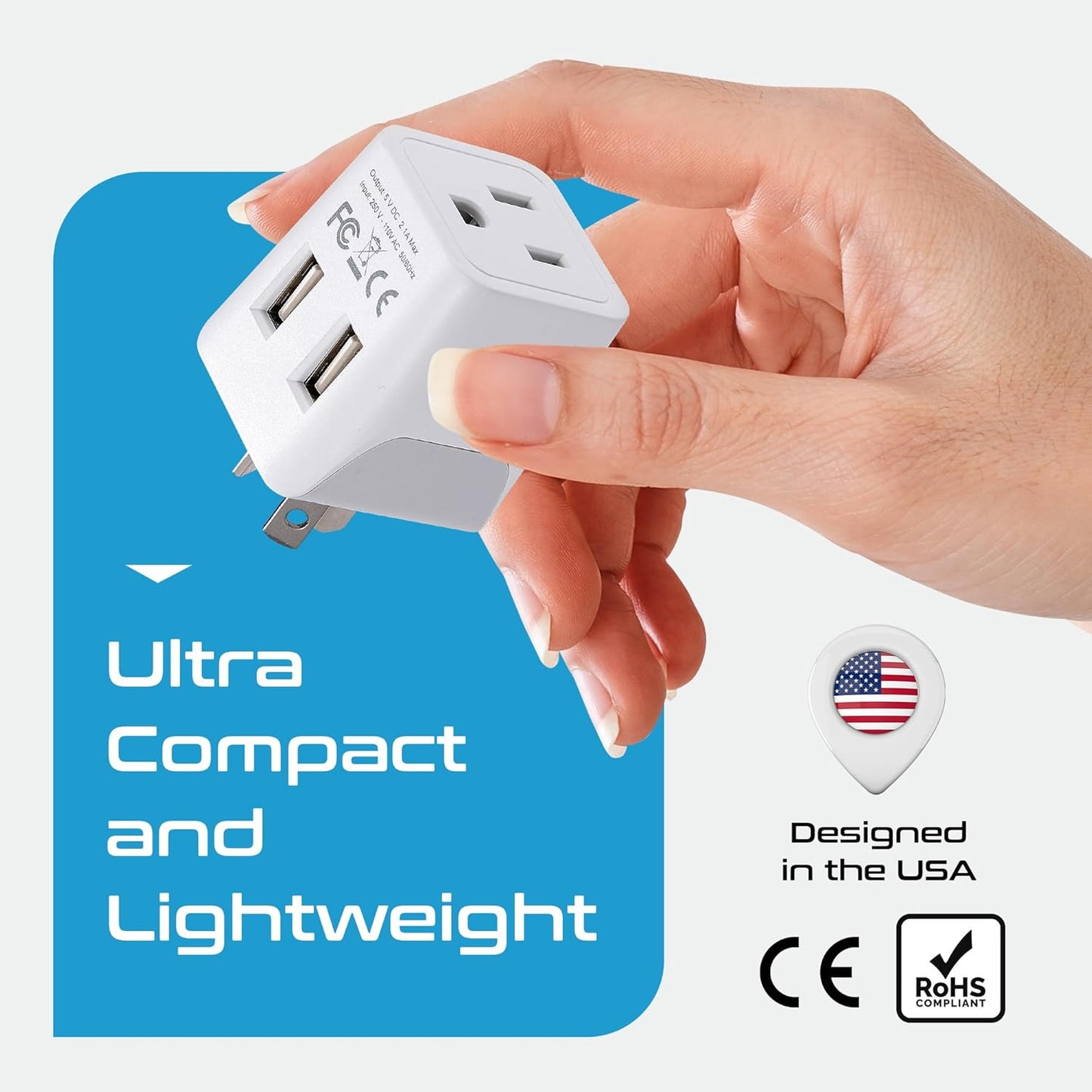 Ceptics Australia, New Zealand, China Travel Adapter Plug - Dual USB Input - Ultra Compact - USA to Type I - Perfect for Cell Phones, Chargers, Cameras, Tablets, and more (CTU-16)