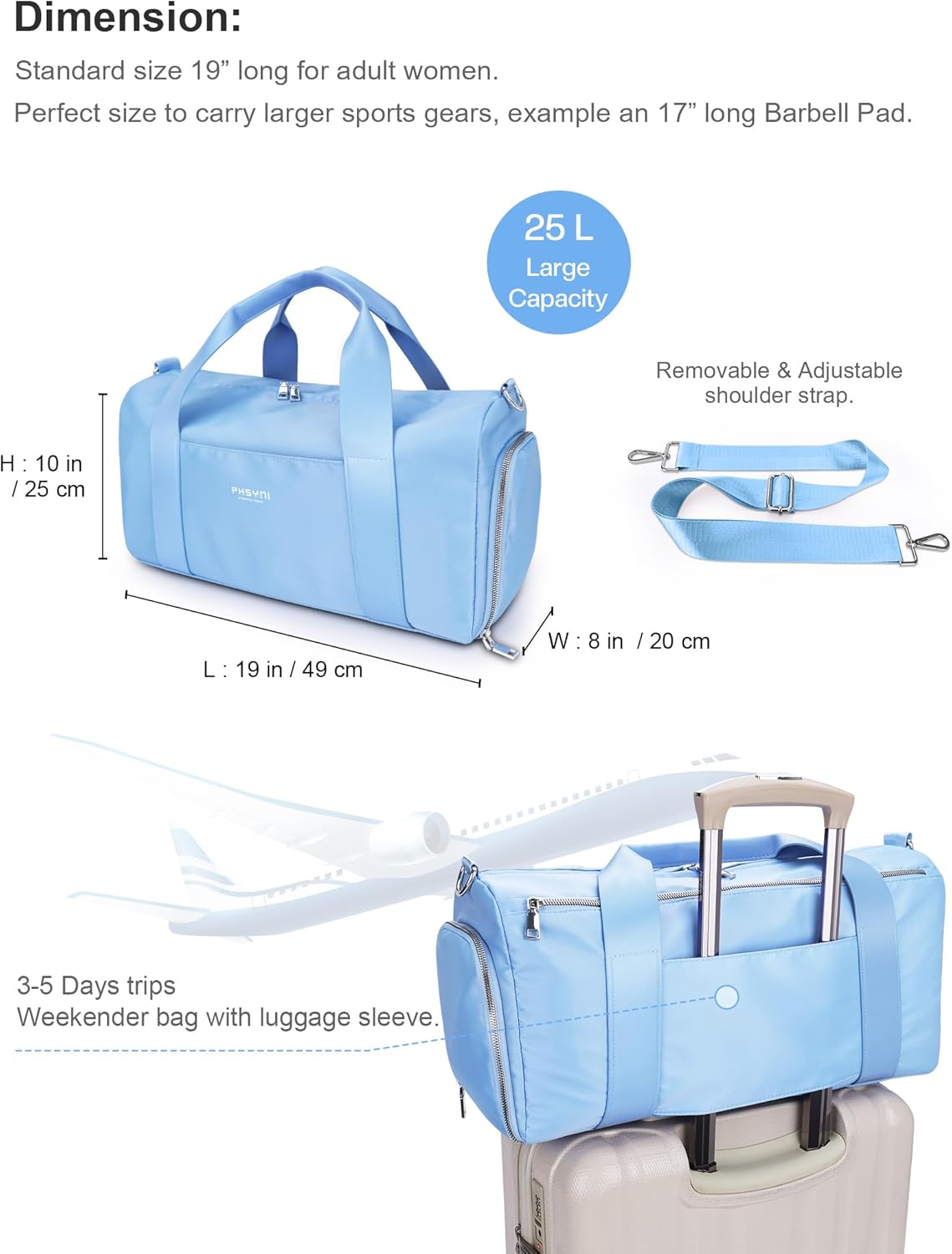 Gym Bag for Women Girls with Shoe Compartment & Wet Pocket - Duffle Bag for Travel Sports Fitness Workout Athletic, 19"-Medium, Blue