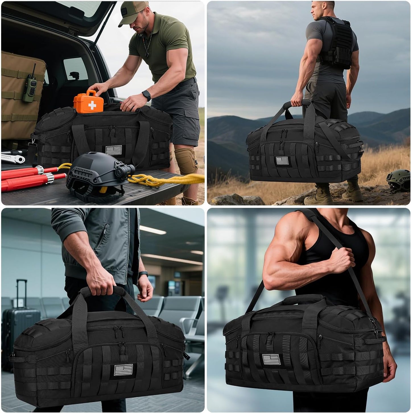 ETRONIK 75L Tactical Gym Bags for Men, Large Duffle Bag with Removable Dividers & Shoe Compartment, Waterproof Duffel Bag with Wet Pocket for Traveling, Heavy Duty Military Bag for Travel Sports Black