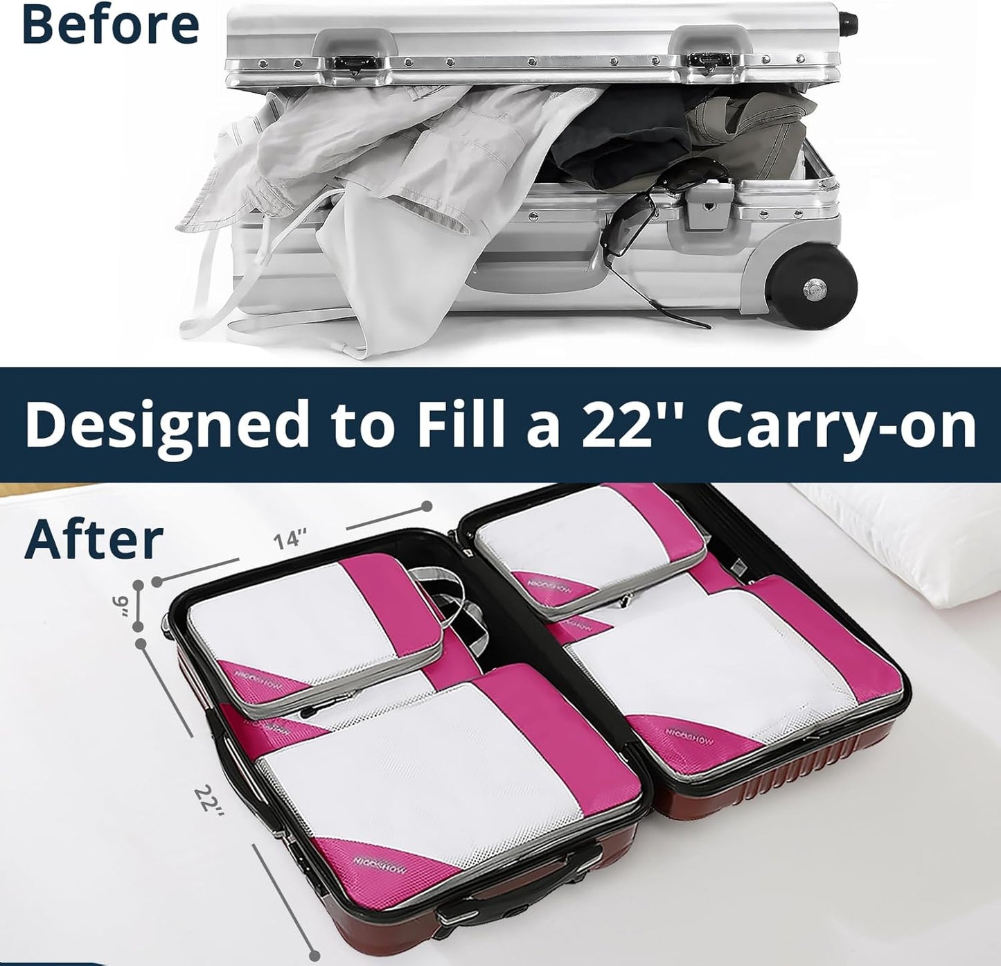 Compression Packing Cubes 6 Set, Compressible Space-Saving Packing Cubes for Travel - Compression Bags, Luggage Organizer, Travel Essentials for Women, Hot Pink