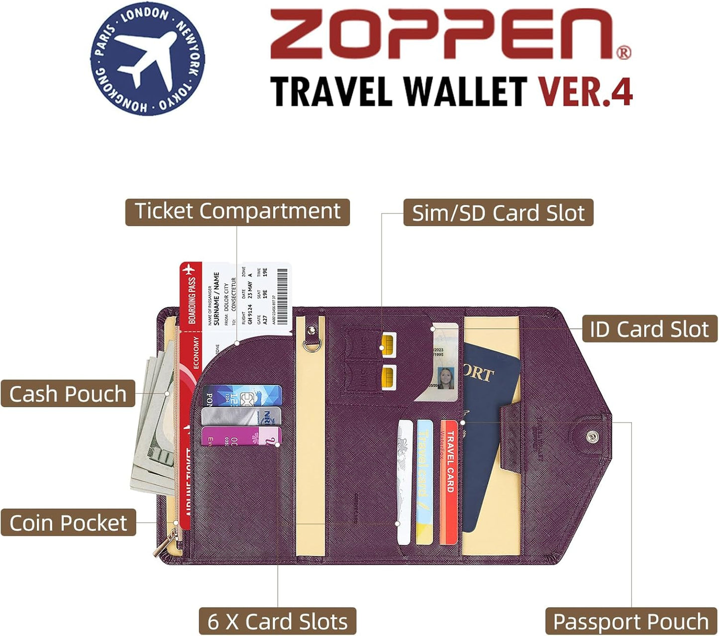 ZOPPEN Mulit-purpose Rfid Blocking Passport Holder Travel Wallet (Ver.4) Passport and Vaccine Card Holder ComboTri-fold Document Organizer Travel Essentials