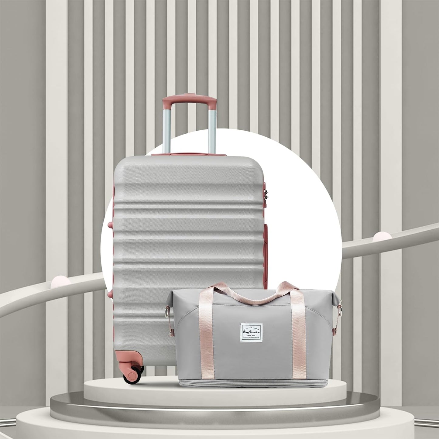 LONG VACATION 6 Piece Luggage Set Carry on Suitcase with ABS+PC hardshell, Spinner Wheels & YKK Zipper TSA Lock (GREY-PINK, 6 piece set)