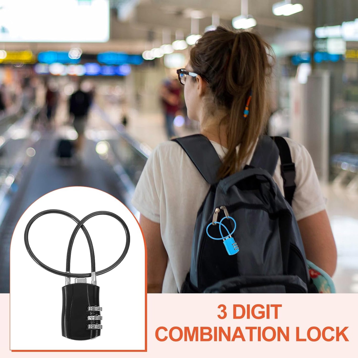 MECCANIXITY 2 Pcs Luggage Travel Lock, 3 Digit Cable Combination Lock 1-3/16" Width Body with 12" Long Cable for Suitcase Bag Cabinets Small Fences Gym, Black