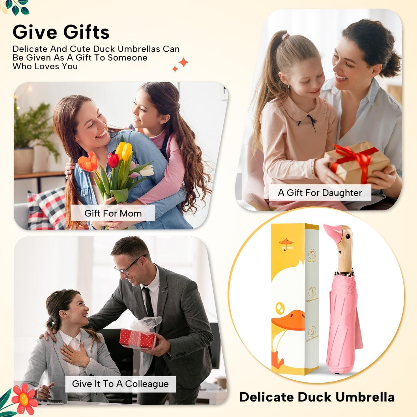 LEAGERA Compact Small Umbrellas for Rain&Sun, Cute Design Duck Head Umbrella for Girls Gifts, 8 Ribs Folding Umbrella with Wooden Handle