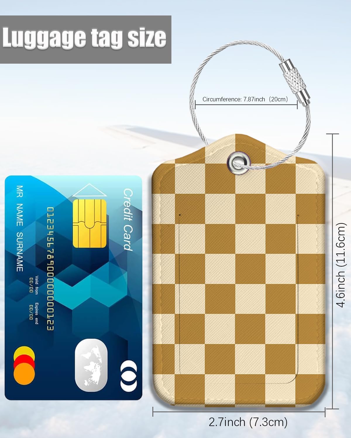 2 Pack Luggage Tags for Suitcase, Fashion Leather Suitcase Tags Cruise Ship with Privacy Cover and Double Metal Loop for Women Men Girls Boys Travel Baggage Bag Backpack Tags，Beige Checkered