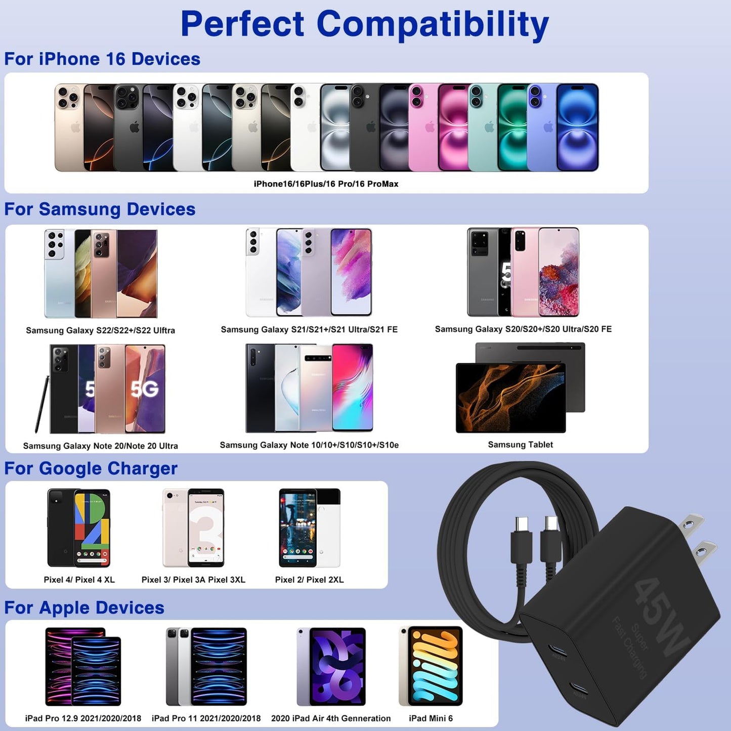6ft/10ft Dual Port 45W iPhone 17 16 15 Charger Fast Charging Block and Long USB C to Type C Charger Cable Cord for Apple iPhone 17 Pro Max/17 Air/16 Pro/16/15 Pro/15 Plus/Mini/iPad Plug Cube/Samsung