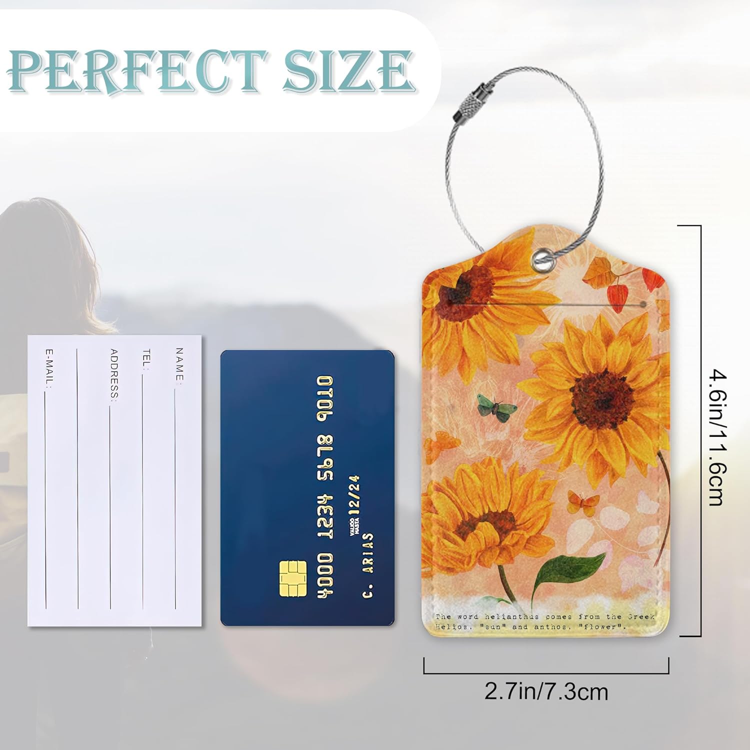 Sunflowers Luggage Tags Set of 2 Butterfly Retro Leather Suitcase Tags with Stainless Steel Loop